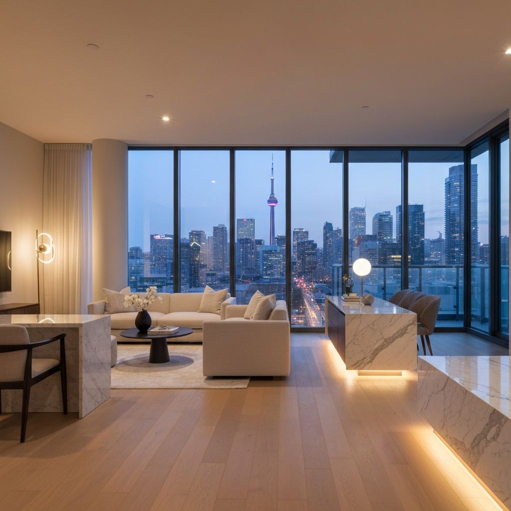 Modern luxury living room with Toronto skyline views